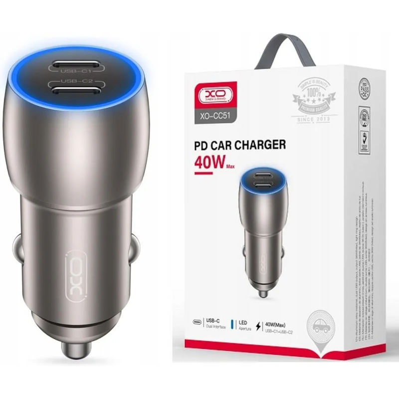 XO ładowarka samochodowa CC51 PD 40W 2x USB-C szara + kabel USB-C - USB-C /kod659/