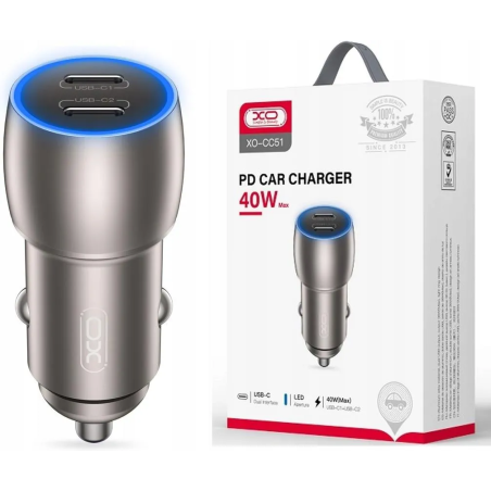 XO ładowarka samochodowa CC51 PD 40W 2x USB-C szara + kabel USB-C - USB-C /kod659/