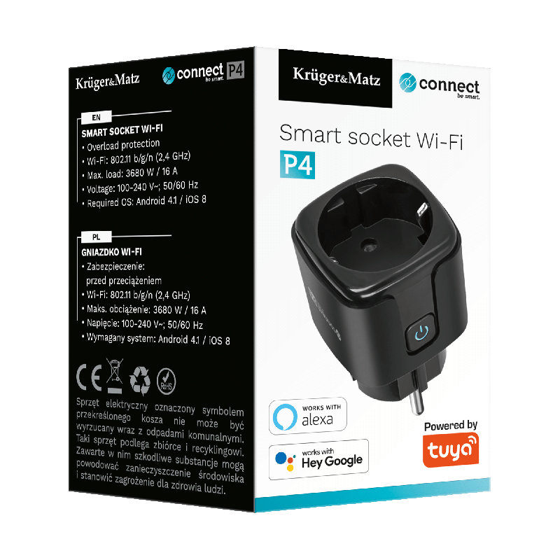 Gniazdo WiFi Kruger&Matz Connect P4 Czarne Tuya /kod1236/